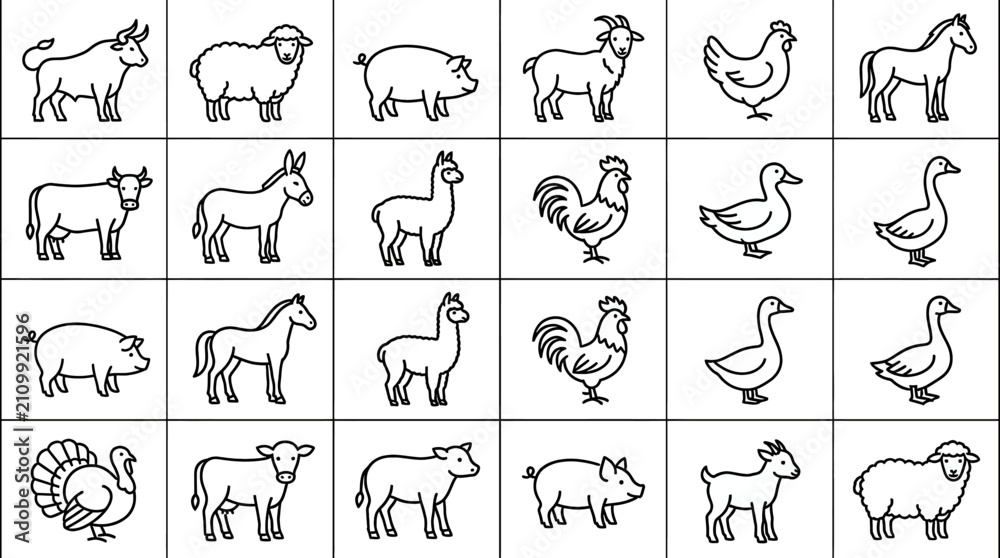 Fototapeta premium Set of various farm animals line icons including cow, sheep, pig, goat, chicken, horse, donkey, llama, rooster, duck, and turkey in simple black outline style on white background