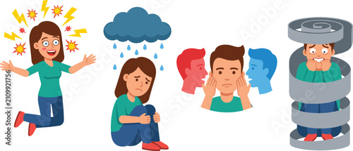 Konstfotografi Cartoon Mental Health and Psychiatric Disorder Character Set Representing Mania