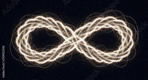 An infinity symbol formed by glowing golden particles and intertwined light set. containing and more. solid collection