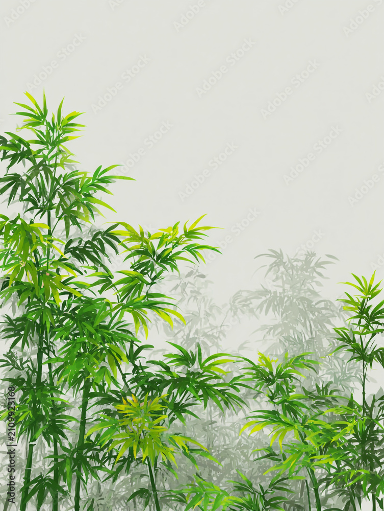 Fototapeta premium A serene Chinese ink painting style bamboo forest on a light green background with hazy mist, floating leaves, and elegant brushstrokes.