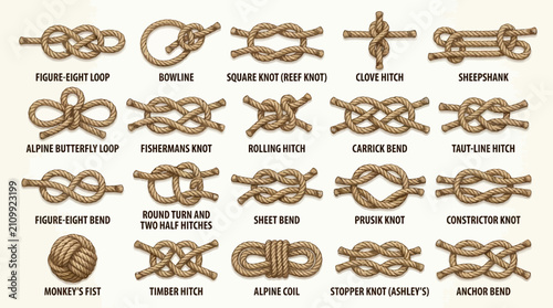 Rope knots chart illustrates a variety of classic nautical hitches and bends on a textured off-white background.