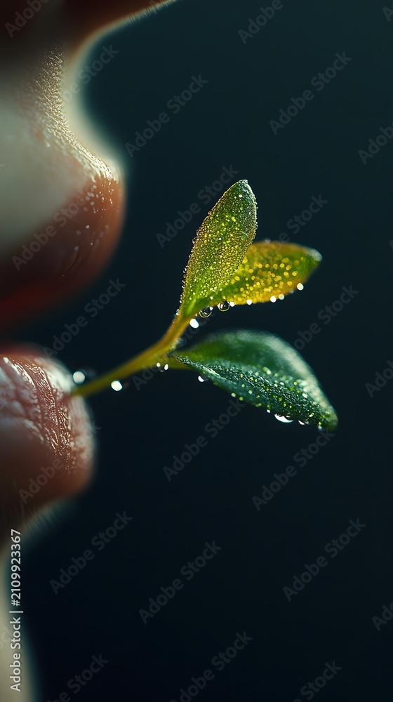 Fototapeta premium Lips hold a tiny green seedling sprout covered in glistening dew drops, symbolizing growth, nature, and environmental consciousness in a sharp, high-contrast close-up portrait of human connection.