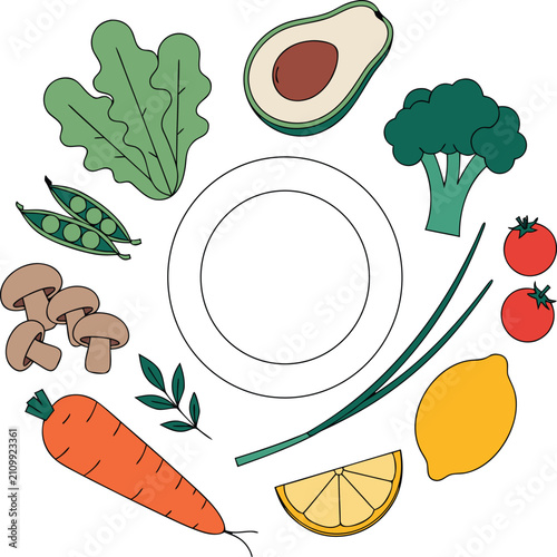 Healthy Fresh Vegetables Illustration with Empty Plate in Center