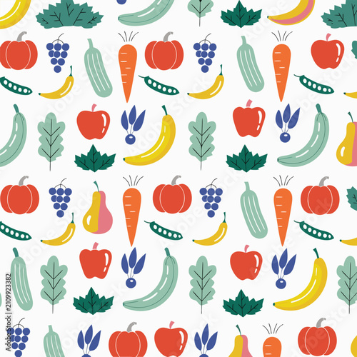 Seamless Fruit and Vegetable Pattern with Flat Hand Drawn Icons