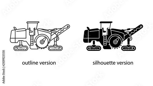 Fotografia Construction Machine Icons: Two distinct representations of a construction machine, one in outline and the other as a solid silhouette, clearly illustrating its industrial design and function