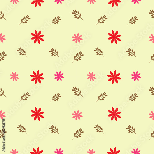 Cute Minimal Floral Seamless Pattern with Red and Pink Flowers on Cream Background