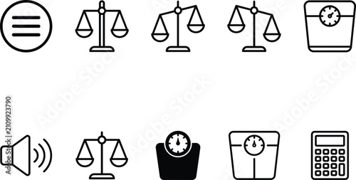 Scales and weight icon set vector illustration featuring justice balance weighing machine bathroom scale calculator menu speaker elements