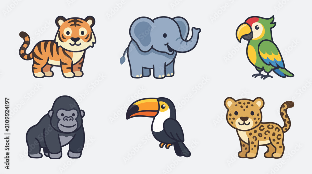 Obraz premium Set of cute cartoon jungle animals