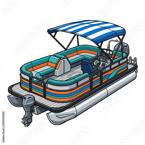 Modern pontoon boat with colorful seating and canopy