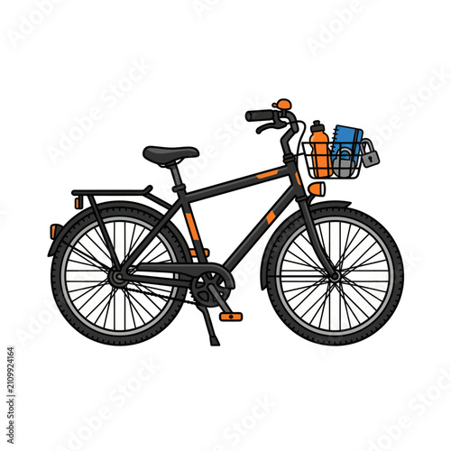 Commuter bicycle with a front basket filled with items.