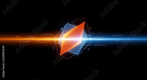 Glowing geometric diamond shape with orange and blue light streaks on a solid set. containing and more. solid collection