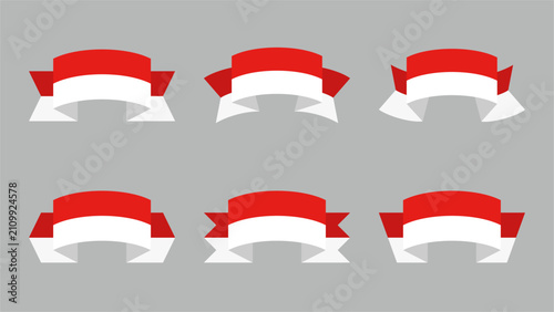Collection of curved red and white flat ribbon banner elements in a clean modern style, inspired by the colors of the Indonesian flag. Editable vector, ideal for labels, badges and graphic design.