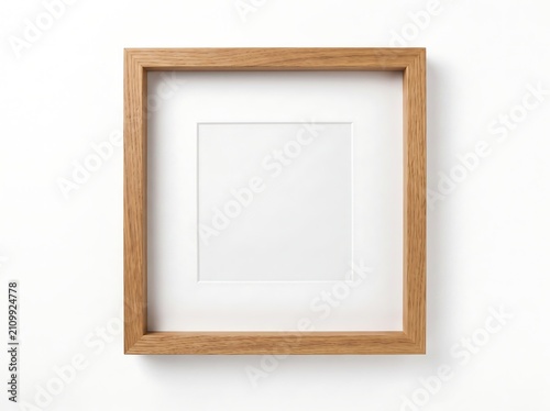 Simple elegant square wooden frame with white passe-partout isolated on white background.