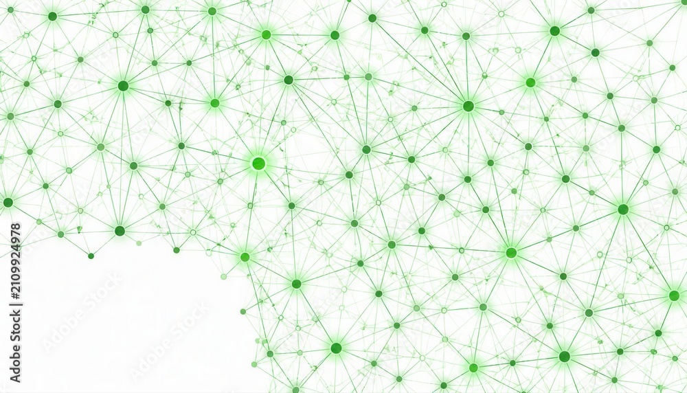 Obraz premium Abstract green network connection background with glowing nodes and lines connection abstract communication technology structure geometric molecular background internet particle