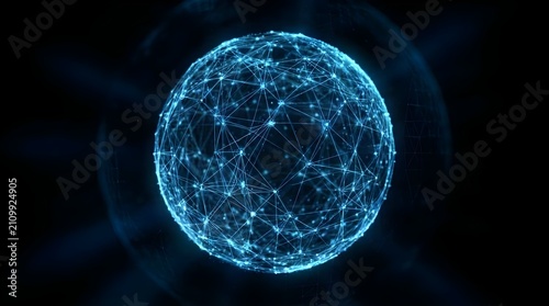Digital plexus sphere with glowing nodes and connecting lines on dark background.