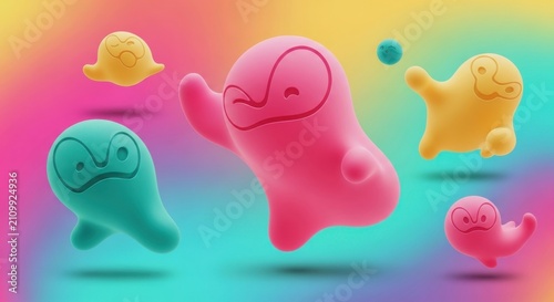 Group of five playful three dimensional blob characters with expressive faces set. containing and more. solid collection