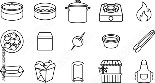 Foto Asian dumpling food stall kiosk and traditional dim sum kitchen steaming equipment icon set