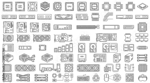 Cuadro en lienzo Computer Hardware Icons Set: A comprehensive collection of hand-drawn line art icons representing various computer hardware components, including CPUs, GPUs, RAM, hard drives, motherboards