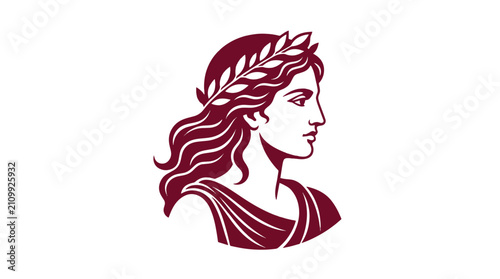 Elegant profile of Aphrodite, Greek goddess of love and beauty, wearing a laurel wreath on a white background