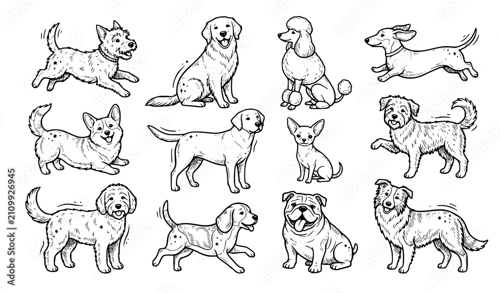 Fototapeta premium Whimsical Hand Drawn Doodle Dog Breed Collection Black Ink Line Art Vector Set Isolated on White Background