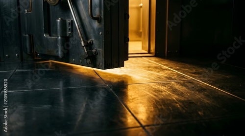 Heavy steel bank vault door slightly open with golden light illumination