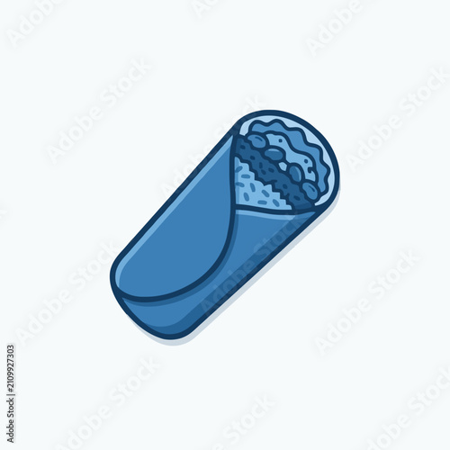 Flat vector illustration of a burrito or wrap icon. Minimalist blue fast food symbol representing Mexican cuisine, shawarma, kebab, tortilla wrap, and restaurant menu concept.