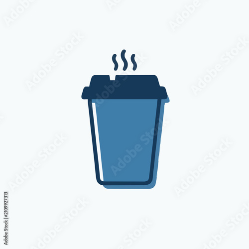 Flat vector illustration of a hot coffee paper cup icon. Minimalist blue takeaway beverage symbol representing espresso, tea, cafe breakfast, morning energy, and paper container concept.