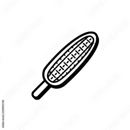 Black and white line art vector illustration of a corn on the cob icon. Minimalist doodle style sweetcorn symbol representing agriculture, farming harvest, organic food, and vegetable crop.