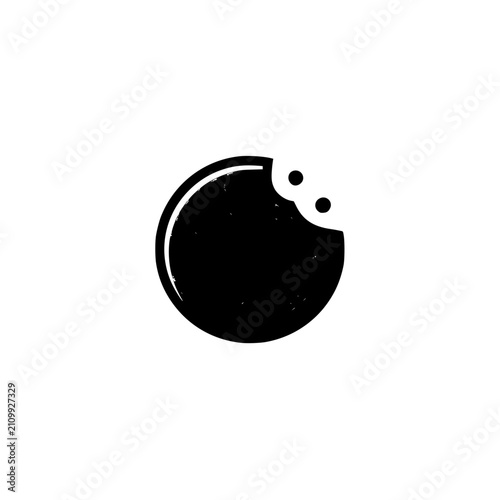 Black and white vector illustration of a bitten cookie icon. Minimalist silhouette style sweet biscuit symbol representing bakery dessert, snack food, internet cookies, and data privacy concept.