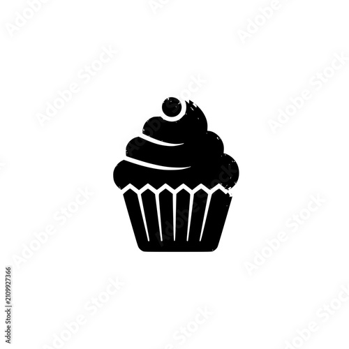 Black and white textured vector illustration of a cupcake icon. Minimalist silhouette style sweet muffin symbol with cream topping representing bakery dessert, birthday party, and sweet food