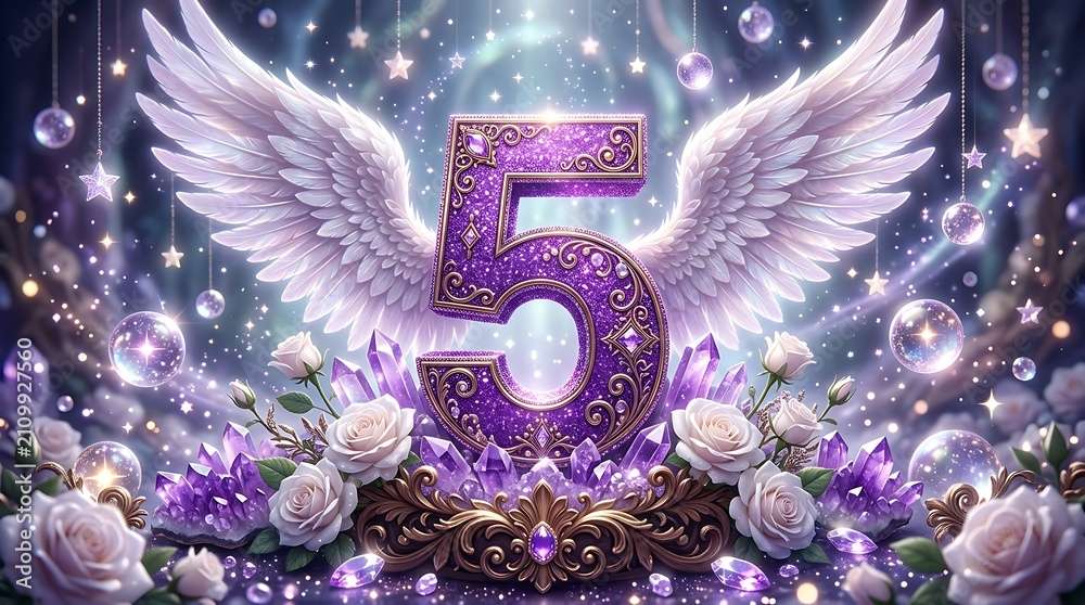 Obraz premium Fifth anniversary celebration with glowing number 5 and angel wings. Luxury milestone event decoration featuring illuminated golden numeral and flo...