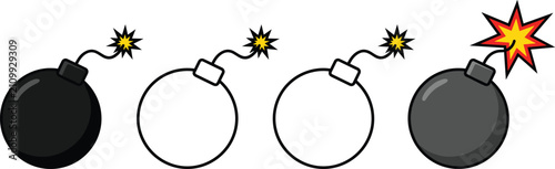 Bild auf Leinwand Bomb icon set with burning wick fuse and explosion sparks for game interface gra