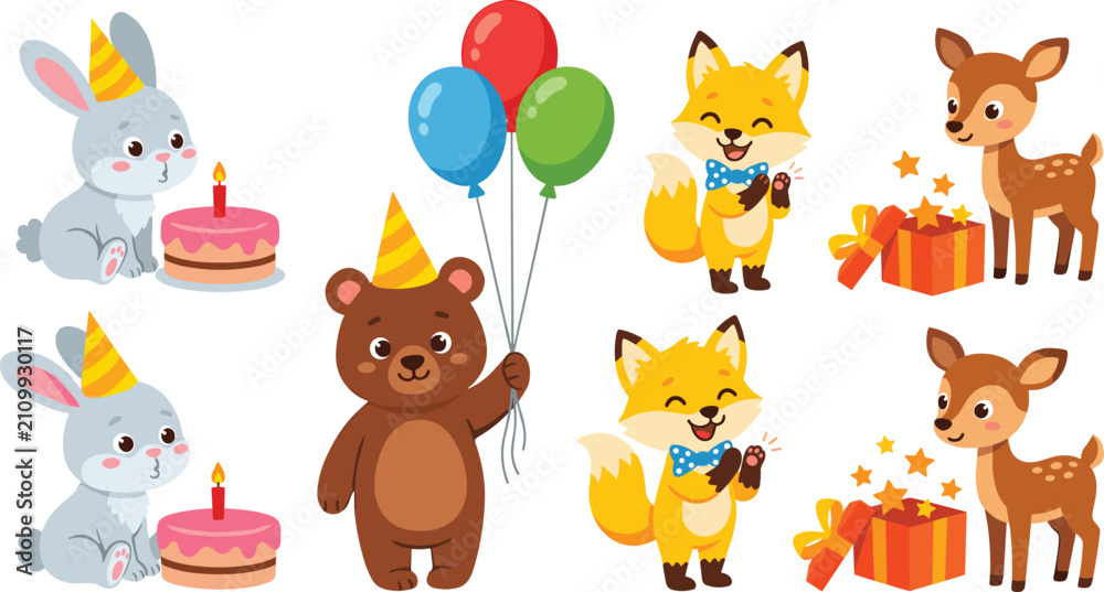 Obraz premium Cute Forest Animal Birthday Celebration Set with Rabbit Blowing Cake Bear Holding Balloons Fox Clapping and Deer with Magic Gift Box Vector Illustration