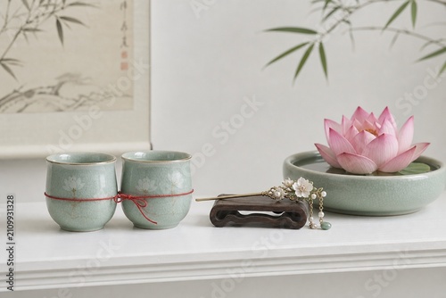 qixi. Qixi Festival concept with celadon teacups, red thread, and lotus bloom. representing cultural heritage and milestone achievements.