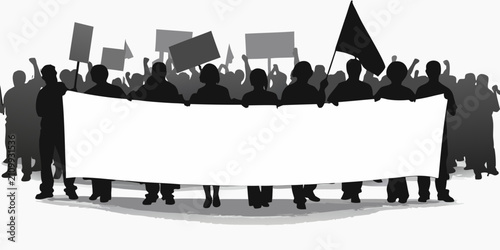 фотографія Crowd Holding Protest Banner Illustration Grayscale Silhouette Against White Bac