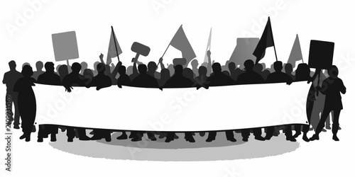 Protest banner with crowd silhouette illustration grayscale and white background
