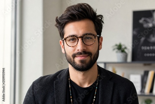 Entrepreneur with creative accessories against a minimalist office backdrop, softly lit by windows.