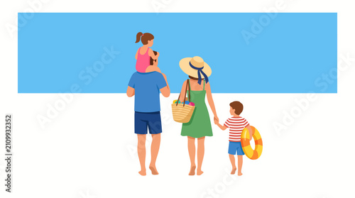 Family with children walking to the beach for summer vacation