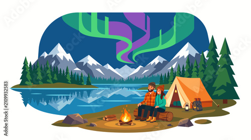 Couple camping by a lake under northern lights and snowy mountains
