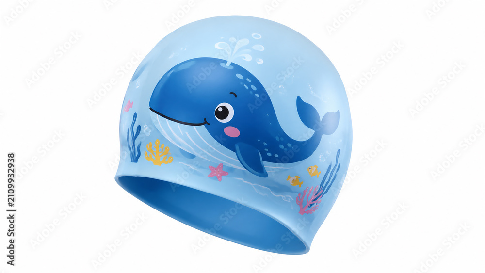 Fototapeta premium クジラのイラストが描かれた可愛い子供用の水泳帽、水色のスイムキャップ generative ai