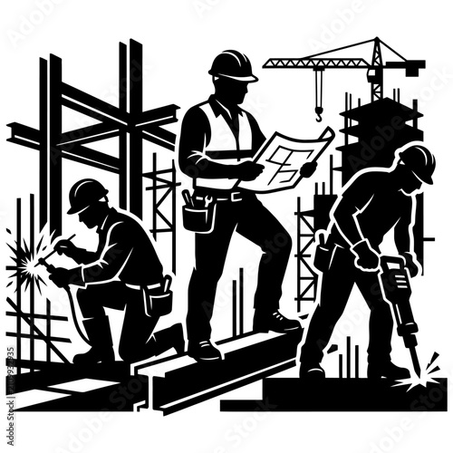 construction site workers diligently building welding and supervising plans depicting industrial development and essential teamwork.