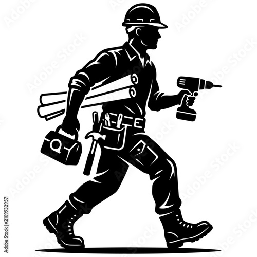 construction worker tradesman handyman builder skilled labor walking with tools ready for a home improvement renovation project
