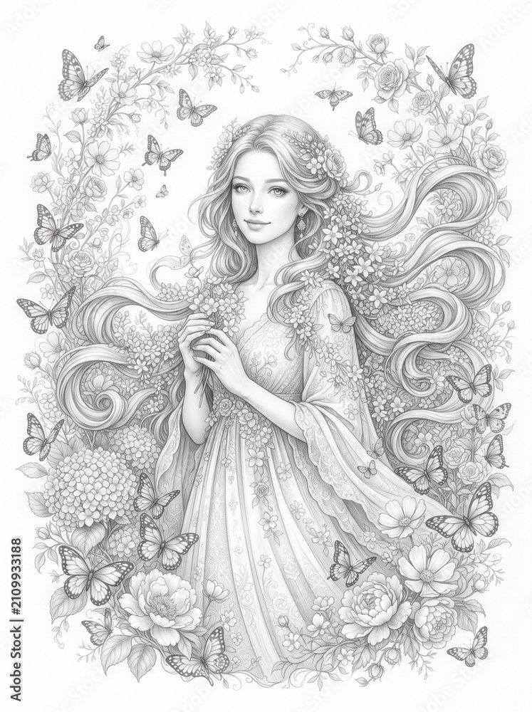 Fototapeta premium Beautiful fairy princess coloring page with butterflies and flowers for adults. Generative AI