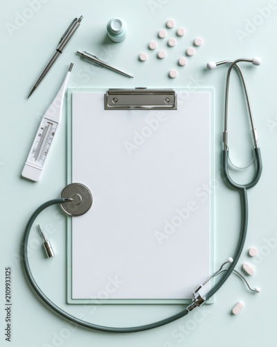 Medical clipboard with stethoscope, thermometer, pills and blank patient form