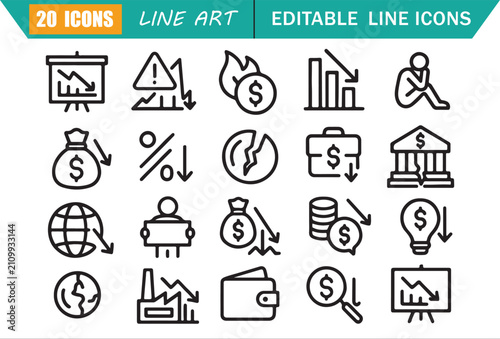 Cuadro en lienzo Inflation recession icons set, 20 editable line art icons set, finance, market,