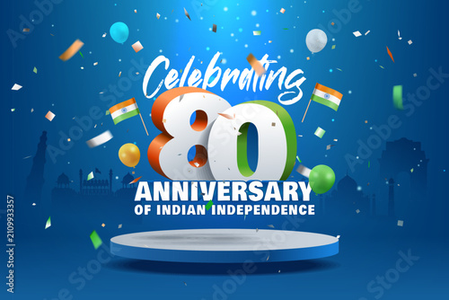 celebrating 80th anniversary of indian independence 3d illustration with confetti falling on stage blue background