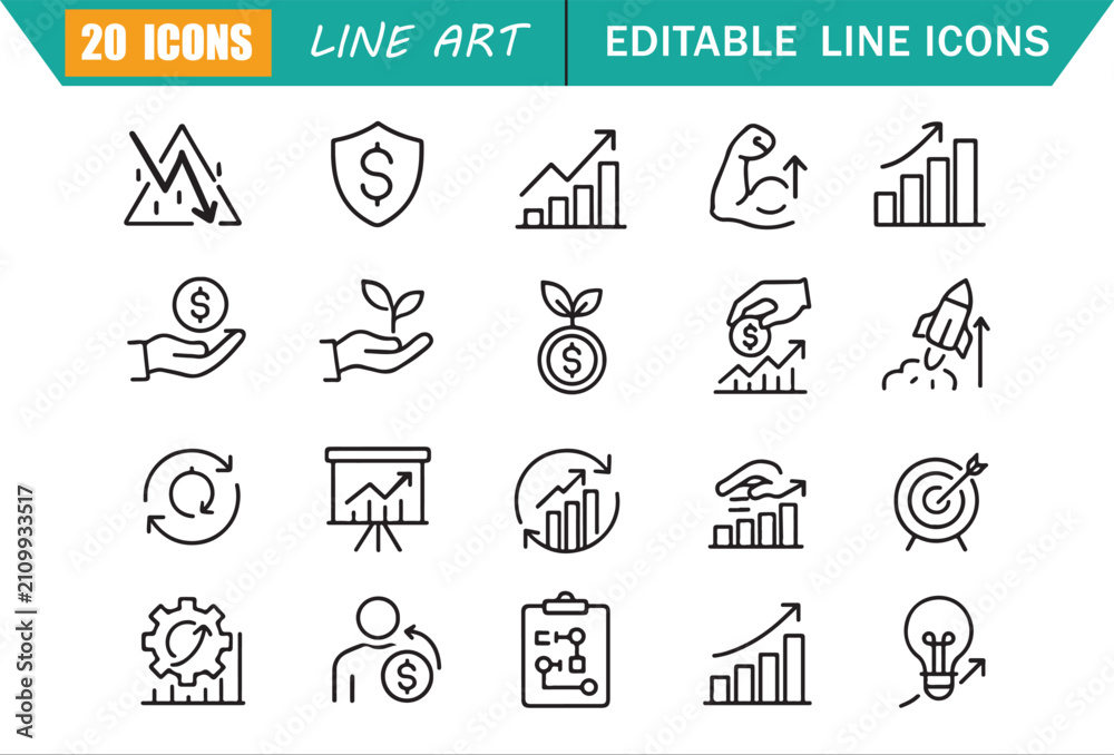 Fototapeta premium Economic recovery icons set, 20 editable line art icons set, economy crisis, growth, resilience, finance, planning, development, investment, business strategy theme style, clean outline vector