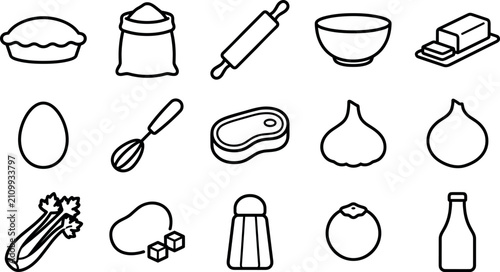 Foto Baking and savory cooking ingredients line icon set featuring pie flour sack rol