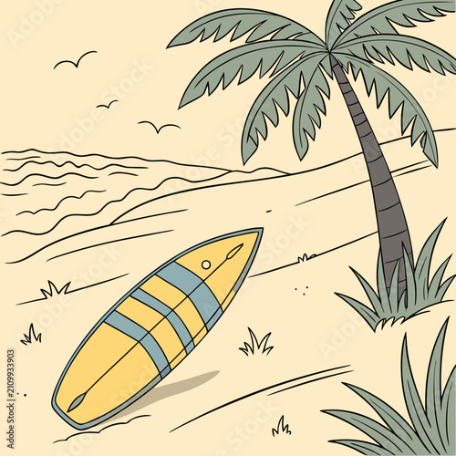 Photography Surfboard on sandy beach, tropical paradise with palm tree, ocean waves, summer holiday and travel destination scene