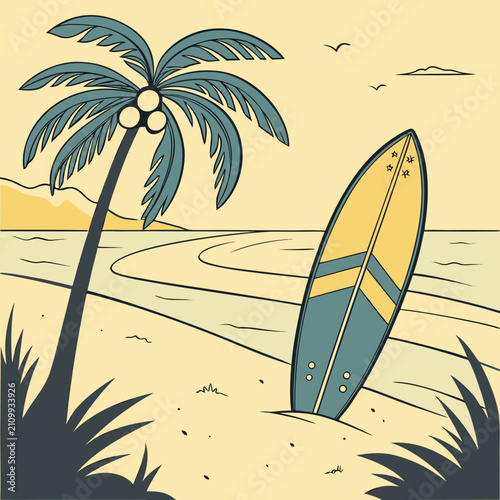 Photography Surfboard on beach next to single palm tree with coconuts ocean waves and coastline retro vintage style illustration